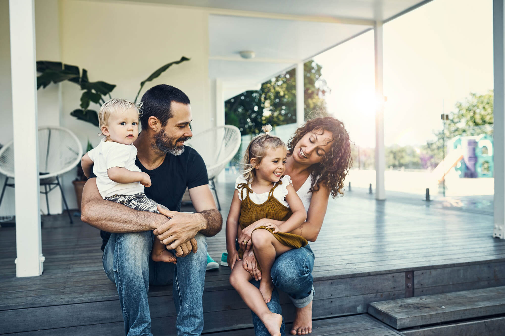 Family sitting on deck
